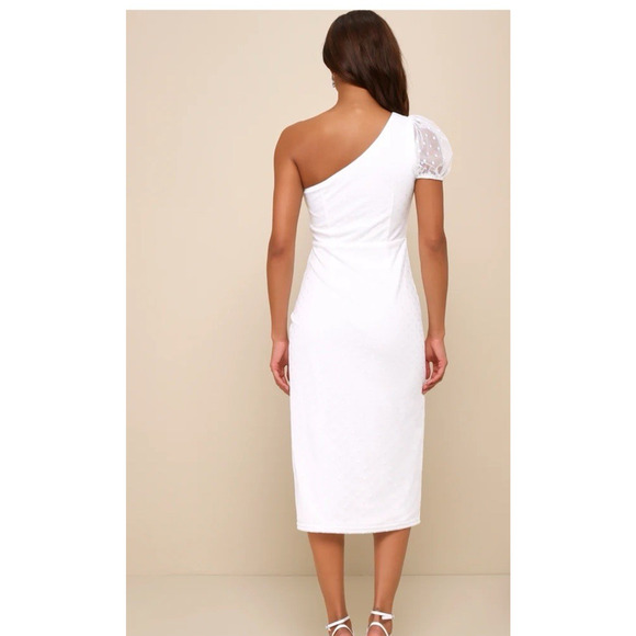 NWT Lulu’s Dress White Polka Dot Mesh One-Shoulder Midi XL Slit Cocktail Event - Picture 2 of 11